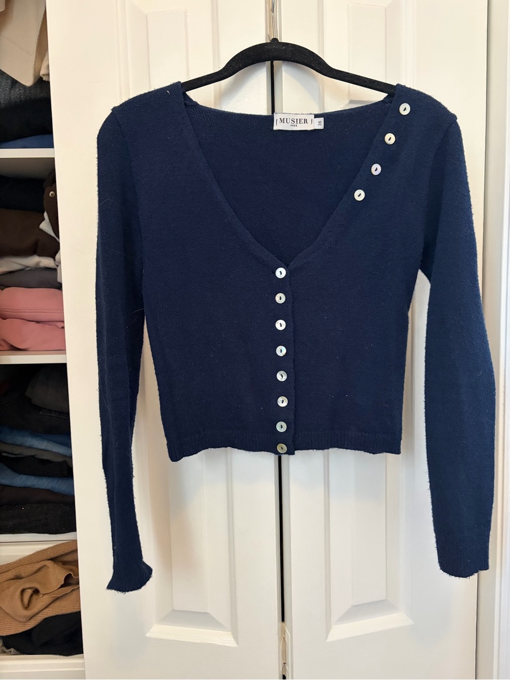 Musier Paris Navy V-Neck Button-Front Cropped Cardigan